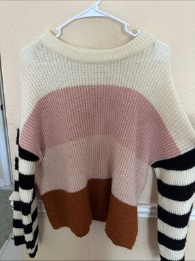 Urban Outfitters Colorblock Crewneck Sweater - Cream, Pink, Brown, Black